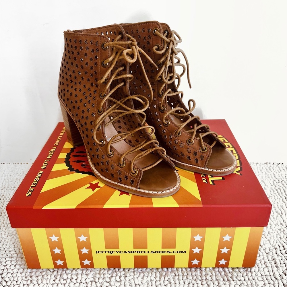 Jeffrey Campbell Cors Leather Tan Sandals Booties Heels Size 7.5
